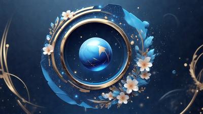 The primary subject of the image is a blue and gold circle with a blue planet inside. The setting is a blue background, and the visual style is digital art. The dominant colors are blue and gold, and the overall atmosphere is serene and celestial.