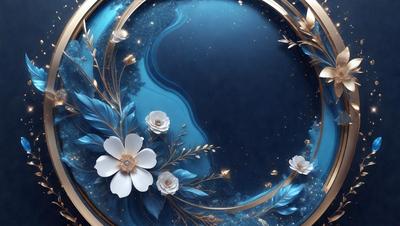 The primary subject of the image is a blue plate with a design of flowers and leaves. The setting is a dark blue background, which contrasts with the bright white flowers and leaves. The visual style is a combination of digital art and illustration, creating a unique and eye-catching design. The colors and mood of the image are predominantly dark blue and white, giving it a calm and sophisticated atmosphere.