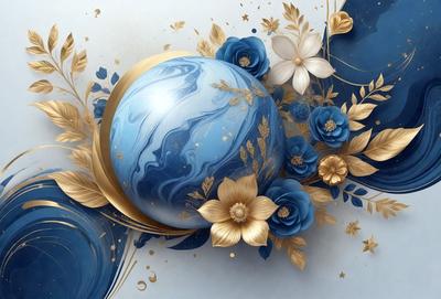 The primary subject of the image is a blue and gold sphere, which is the main object of focus. The setting is a blue background, and the visual style appears to be a digital art or illustration. The colors and mood of the image are predominantly blue and gold, creating a sense of elegance and sophistication.