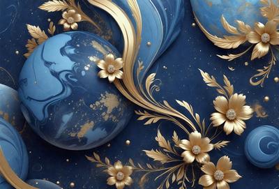 The primary subject of the image is a blue sphere with gold accents, which is part of a larger artistic composition. The setting is a blue background, and the visual style appears to be a combination of digital art and illustration. The colors and mood of the image are predominantly blue and gold, creating a sense of elegance and sophistication.