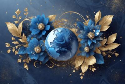 The primary subject of the image is a blue and gold flower arrangement, featuring a blue flower and a blue and gold globe. The setting is a blue background, and the visual style is a digital art illustration. The colors and mood of the image are predominantly blue and gold, creating a serene and elegant atmosphere.