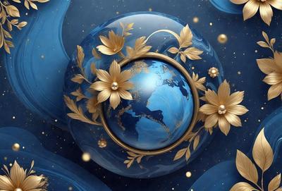 The primary subject of the image is a blue globe with a gold rim, which is adorned with a flower design. The setting is a blue background, and the visual style appears to be a digital art or illustration. The colors and mood of the image are predominantly blue and gold, creating a sense of elegance and sophistication.