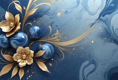 The primary subject of the image is a blue flower with gold accents, which is the main focus of the image. The setting is a blue background, and the visual style appears to be a digital art or illustration. The dominant colors are blue and gold, creating a calm and elegant atmosphere.