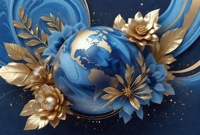 The primary subject of the image is a blue and gold globe, which is the main object in the scene. The setting is a blue background, and the visual style is a digital art illustration. The colors and mood of the image are predominantly blue and gold, creating a sense of elegance and sophistication.