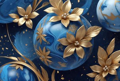 The primary subject of the image is a blue glass ball with gold flowers on it. The setting is a blue background, and the visual style appears to be a combination of photo and digital art. The colors are predominantly blue and gold, creating a sense of elegance and sophistication.
