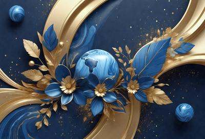 The primary subject of the image is a blue and gold flower arrangement. The setting is a blue wall, and the visual style appears to be a digital art or illustration. The dominant colors are blue and gold, creating a serene and elegant atmosphere.