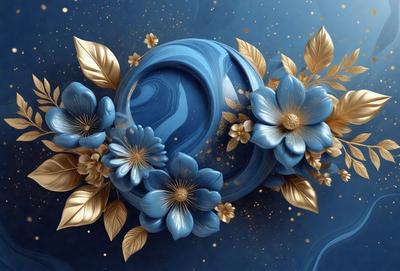 The primary subject of the image is a blue vase with gold accents, which is adorned with blue flowers. The setting is a blue background, and the visual style appears to be a digital art or illustration. The dominant colors are blue and gold, creating a serene and elegant atmosphere.