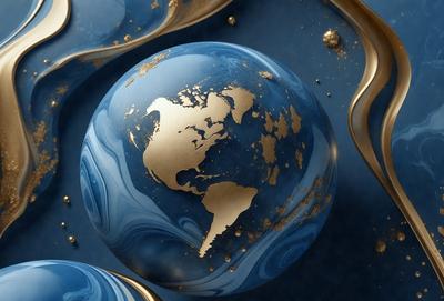 The primary subject of the image is a blue and gold globe, which is the main object, scene, or focus of the image. The setting is a blue background, and the visual style is a photo. The colors and mood of the image are predominantly blue and gold, creating a sense of elegance and sophistication.