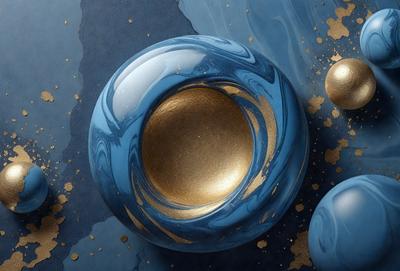 The primary subject of the image is a blue and gold bowl, which is placed on a blue surface. The bowl has a gold rim, and it is surrounded by gold paint splatters. The setting appears to be a creative and artistic environment, possibly a studio or workspace. The visual style of the image is a combination of photo and digital art, creating a unique and eye-catching design. The dominant colors in the image are blue and gold, giving the scene a sense of luxury and sophistication