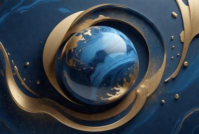The primary subject of the image is a blue and gold globe, which is the main object, scene, or focus of the image. The setting is a blue background, and the visual style is a photo. The colors and mood of the image are predominantly blue and gold, creating a sense of elegance and sophistication.