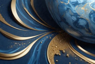 The primary subject of the image is a blue and gold spiral design, which is the main focus of the image. The setting is a blue and gold background, which complements the spiral design. The visual style is a combination of digital art and illustration, creating a unique and eye-catching pattern. The colors and mood of the image are predominantly blue and gold, giving it a luxurious and elegant appearance.
