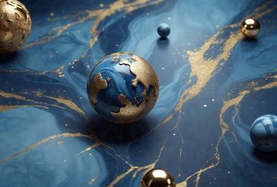 The primary subject of the image is a blue and gold globe, which is the main object in the scene. The setting is a blue table, and the visual style appears to be a combination of photo and digital art. The colors and mood of the image are predominantly blue and gold, creating a sense of elegance and sophistication.