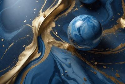 The primary subject of the image is a blue sphere, which is the main object in the scene. The setting is a blue surface, possibly a table or a wall, with gold and blue swirls. The visual style appears to be a combination of digital art and illustration, creating a unique and artistic representation of the blue sphere. The colors and mood of the image are predominantly blue and gold, giving it a warm and vibrant atmosphere.