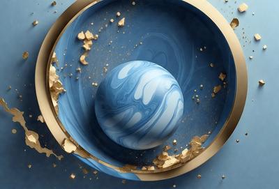 The primary subject of the image is a blue and white marbled ball, which is the main object in the scene. The setting is a bowl, and the visual style appears to be a combination of photo and digital art. The colors and mood of the image are predominantly blue and white, creating a calm and serene atmosphere.