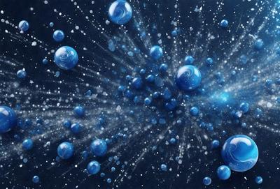 The primary subject of the image is a cluster of blue bubbles floating in a dark, starry background. The setting appears to be a space-like environment, with the bubbles seemingly floating in the void. The visual style of the image is a combination of digital art and illustration, creating a dynamic and captivating scene. The dominant colors in the image are blue and black, giving the scene a sense of depth and mystery.