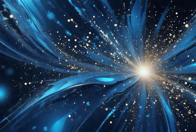 The primary subject of the image is a blue, swirling, and sparkling light, which appears to be a bright star or a light source. The setting is a dark background, which contrasts with the bright light. The visual style of the image is a combination of a photo and digital art, creating a unique and captivating scene. The colors and mood of the image are predominantly blue, with a sense of energy and movement, as the light swirls and sparkles in the darkness.