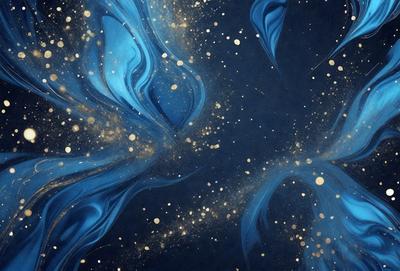 The primary subject of the image is a blue and gold swirl pattern, which appears to be a digital art or illustration. The setting is a dark blue background, and the visual style is a mix of digital art and traditional drawing. The dominant colors are blue and gold, creating a sense of depth and richness in the artwork.