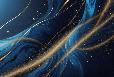 The primary subject of the image is a blue and gold swirl pattern, which appears to be a digital art or illustration. The setting is a blue background, and the visual style is a combination of digital art and illustration. The colors and mood of the image are predominantly blue and gold, creating a sense of depth and elegance.