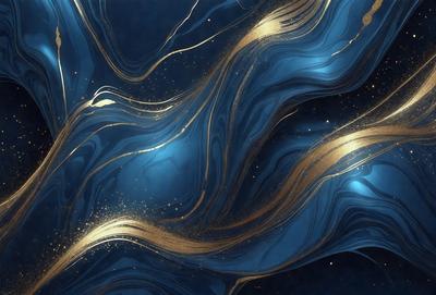 The primary subject of the image is a blue and gold swirling pattern, which appears to be a digital art or illustration. The setting is a dark blue background, creating a contrasting effect with the gold and blue colors. The visual style suggests a creative and artistic approach to the image. The dominant colors are blue and gold, giving the scene a sense of depth and richness.