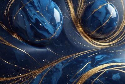 The primary subject of the image is a blue glass ball with gold swirls on it. The setting is a blue background, and the visual style appears to be a digital art or illustration. The dominant colors are blue and gold, creating a sense of elegance and sophistication.