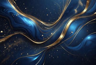 The primary subject of the image is a blue and gold swirl pattern. The setting is a blue background, and the visual style appears to be a digital art or illustration. The dominant colors are blue and gold, creating a sense of depth and elegance.