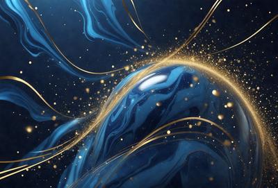 The primary subject of the image is a blue sphere with gold accents, which appears to be a decorative or artistic piece. The setting is a dark blue background, which contrasts with the bright colors of the sphere. The visual style is a combination of digital art and illustration, creating a unique and eye-catching design. The colors and mood of the image are predominantly dark and moody, with the blue sphere and gold accents adding a touch of brightness and elegance to the overall atmosphere.