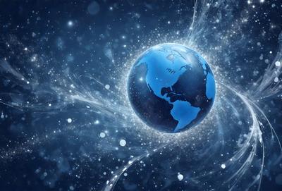 The primary subject of the image is a blue, globe-shaped planet, which is the main focus of the scene. The setting is a dark, starry sky, with the planet being the only object in the foreground. The visual style is a digital art or illustration, creating a sense of depth and dimension. The colors are predominantly blue, with the starry sky providing a contrasting backdrop. The overall atmosphere is one of wonder and exploration, as the viewer is drawn to the mysterious and vast