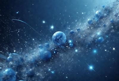 The primary subject of the image is a blue planet, which is the main focus of the scene. The setting is a dark, starry sky, with a backdrop of various celestial objects. The visual style is a combination of photo and digital art, creating a realistic yet artistic representation of the planet and its surroundings. The colors and mood of the image are predominantly blue, with a sense of wonder and exploration.