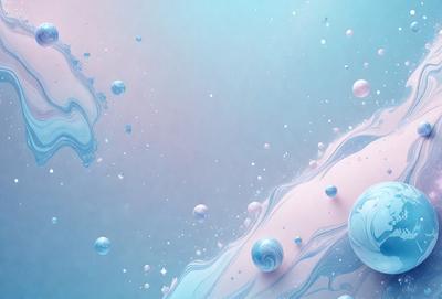 The primary subject of the image is a blue and pink swirling background with a variety of bubbles and stars. The setting is a space-like environment, and the visual style is a digital art or illustration. The dominant colors are blue and pink, creating a vibrant and lively atmosphere.