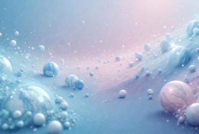 The primary subject of the image is a blue background with a variety of white and blue spheres floating in the air. The setting appears to be a space-like environment, with the spheres scattered throughout the scene. The visual style of the image is digital art, as it features a smooth and detailed background with the spheres floating in a visually appealing manner. The colors and mood of the image are predominantly blue and white, creating a sense of calmness and tranquility.