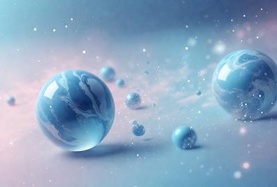The primary subject of the image is a blue planet, which is the main focus of the scene. The setting is a blue background, which creates a contrasting and visually appealing environment. The visual style of the image is a combination of photo and digital art, giving it a unique and artistic appearance. The dominant colors in the image are blue and white, which contribute to a calm and serene atmosphere.