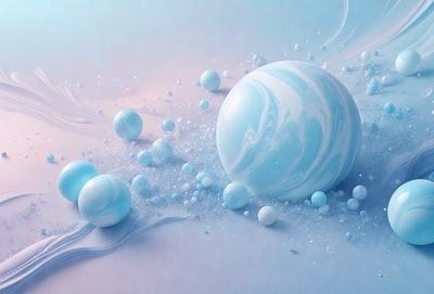 The primary subject of the image is a blue planet, which is the main focus of the scene. The setting is a blue background, which creates a contrasting and visually appealing environment. The visual style of the image is digital art, as it appears to be a computer-generated or digitally rendered scene. The dominant colors in the image are blue and white, giving the scene a calm and serene atmosphere.