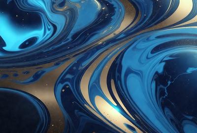The primary subject of the image is a blue and gold swirl pattern, which appears to be a digital art or illustration. The setting is a blue and gold background, and the visual style is a combination of digital art and illustration. The dominant colors in the image are blue and gold, creating a vibrant and lively atmosphere.
