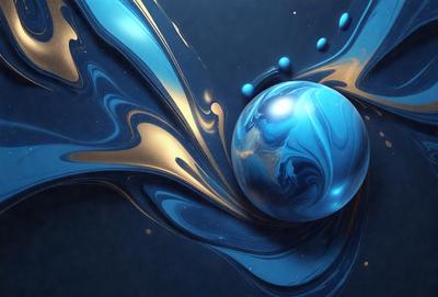 The primary subject of the image is a blue, swirling, and flowing ball, which is the main object in the scene. The setting is a blue background, and the visual style appears to be a digital art or illustration. The dominant colors in the image are blue and gold, creating a serene and calming atmosphere.