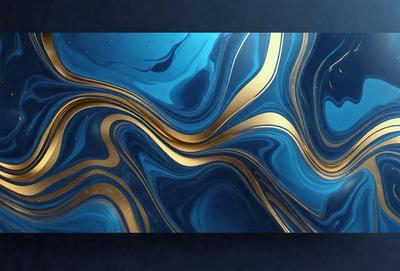 The primary subject of the image is a blue and gold swirling pattern, which appears to be a painting or a digital artwork. The setting is a dark blue background, which contrasts with the vibrant colors of the swirling pattern. The visual style suggests that the image is a digital artwork or a painting, rather than a photo. The dominant colors are blue and gold, creating a sense of depth and richness in the composition.