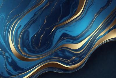 The primary subject of the image is a blue and gold patterned wallpaper. The setting is a room with a blue background, and the visual style is a close-up of the wallpaper. The dominant colors are blue and gold, creating a rich and luxurious atmosphere.