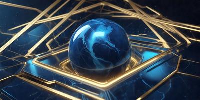 The primary subject of the image is a blue globe, which is the main object in the scene. The setting is a blue and gold patterned surface, which serves as the backdrop for the globe. The visual style of the image is a combination of photo and digital art, creating a unique and eye-catching presentation. The dominant colors in the image are blue and gold, giving the scene a vibrant and lively atmosphere.