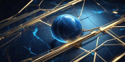 The primary subject of the image is a blue sphere, which is the main object, scene, or focus of the image. The setting or background features a blue and gold grid, which adds a unique visual style to the image. The colors and mood of the image are predominantly blue and gold, creating a sense of depth and sophistication.