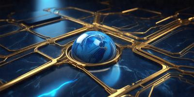 The primary subject of the image is a blue glass ball sitting on a blue and gold grid. The setting is a blue and gold patterned surface, which creates a visually appealing and unique environment. The visual style of the image is a combination of digital art and illustration, giving it a modern and artistic appearance. The dominant colors in the image are blue and gold, creating a sense of depth and sophistication.