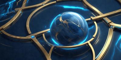 The primary subject of the image is a blue, glowing, glass-like ball. The setting is a blue surface, possibly a table or a wall. The visual style appears to be a combination of a photo and digital art, creating a unique and captivating scene. The colors and mood of the image are predominantly blue, with a hint of green, giving it a serene and calming atmosphere.