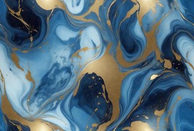 The primary subject of the image is a blue and gold swirling pattern, which appears to be a painting or a digital artwork. The setting is a blue and gold background, which complements the artwork. The visual style is a mix of digital art and painting, creating a unique and eye-catching design. The dominant colors are blue and gold, giving the artwork a rich and luxurious appearance.