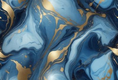 The primary subject of the image is a blue and gold marbled pattern, which is the main focus of the image. The setting is a blue and gold marbled surface, which serves as the backdrop for the pattern. The visual style of the image is a combination of photo and digital art, creating a unique and intricate design. The dominant colors in the image are blue and gold, giving the pattern a rich and luxurious appearance.