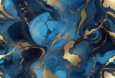 The primary subject of the image is a blue and gold swirling pattern, which appears to be a painting or a digital artwork. The setting is a blue and gold background, which complements the artwork. The visual style is a mix of digital art and painting, creating a unique and eye-catching design. The colors and mood of the image are predominantly blue and gold, giving it a warm and inviting atmosphere.