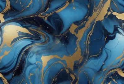 The primary subject of the image is a blue and gold marbled surface, which appears to be a piece of art or a decorative item. The setting is a room with a blue and gold marbled wall, and the visual style is a combination of digital art and illustration. The dominant colors in the image are blue and gold, creating a luxurious and elegant atmosphere.