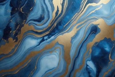The primary subject of the image is a blue and gold marbled surface, which appears to be a piece of art or a decorative item. The setting is a room with a blue and gold marbled wall, and the visual style is a combination of digital art and illustration. The dominant colors in the image are blue and gold, creating a luxurious and elegant atmosphere.