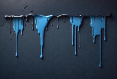 The primary subject of the image is a blue liquid dripping down a black surface. The setting appears to be a dark room, and the visual style is a close-up of the dripping liquid. The dominant colors are blue and black, creating a moody atmosphere.