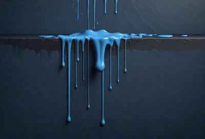 The primary subject of the image is a blue substance, possibly a liquid or a frosting, dripping down a wall. The setting appears to be a dark room, with the blue substance dripping down the wall as the main focus. The visual style of the image is a close-up of the dripping substance, emphasizing its texture and color. The dominant colors in the image are blue and black, creating a moody and dramatic atmosphere.