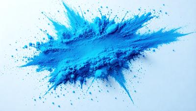 The primary subject of the image is a blue powder or paint, which is spreading and creating a splash on a white surface. The setting appears to be a studio or a controlled environment, as the blue powder is being intentionally applied. The visual style of the image is a combination of a photo and digital art, as the blue powder is captured in motion and the overall effect is a blend of realism and artistic expression. The dominant colors in the image are blue and white, creating a sense of depth and contrast