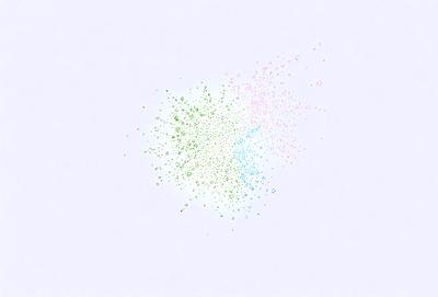 The primary subject of the image is a large, colorful, and intricate pattern. The pattern is composed of various colors, including green, blue, and pink. The setting is a white background, which provides a clean and uncluttered appearance. The visual style of the image is a combination of digital art and illustration, creating a vibrant and dynamic scene. The colors and mood of the image are lively and energetic, with the bright colors and intricate pattern evoking a sense of excitement and cre