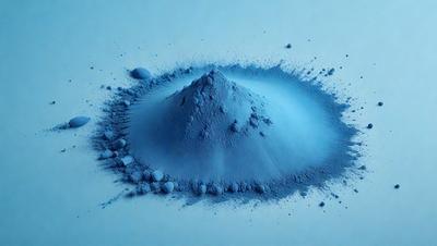 The primary subject of the image is a blue powder, which appears to be a blue paint or a blue substance. The setting is a white surface, possibly a table or a wall. The visual style of the image is a close-up of the blue powder, showcasing its texture and color. The dominant colors in the image are blue and white, creating a calm and serene atmosphere.
